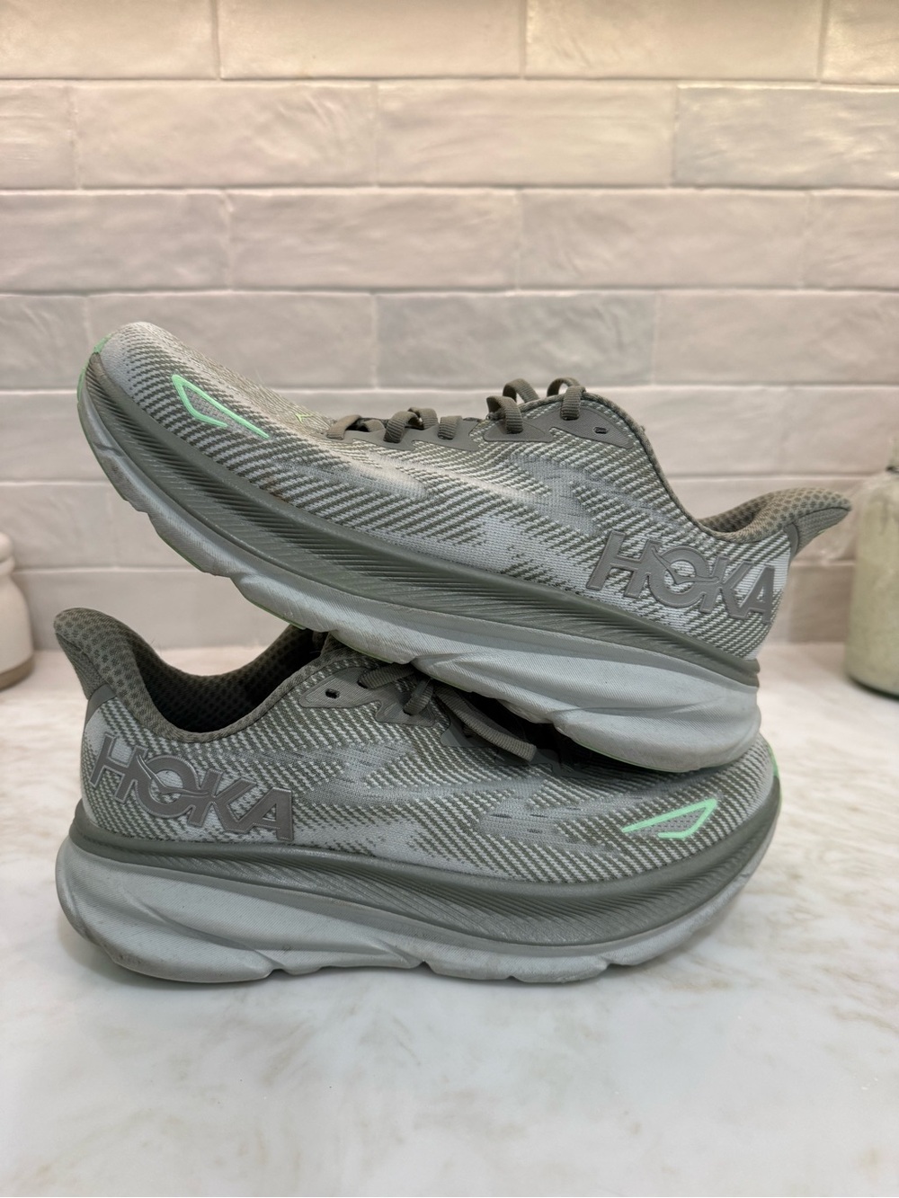 Hoka Green/Grey Running Shoes with Mint Accents